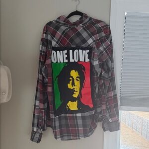 Plaid button up Shirt with One Love Graphic